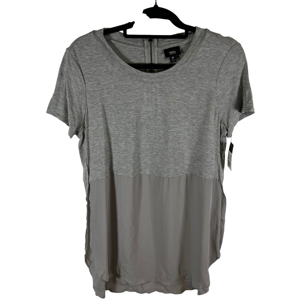 Mossimo Womens Gray Mixed Media Short Sleeve Back Zip Blouse Top Size Medium NWT